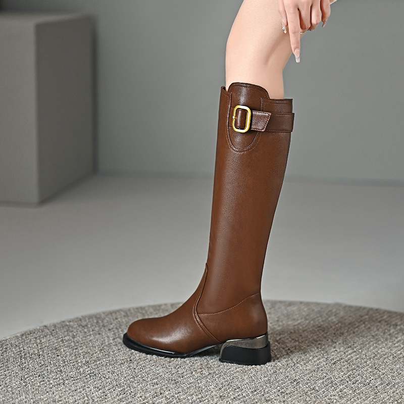 Krazing Pot Осенне-зимняя обувь из коровьей кожи на толстом среднем каблуке, большой размер 45, размер 44, размер 46, металлические пряжки, женские теплые сапоги до колена