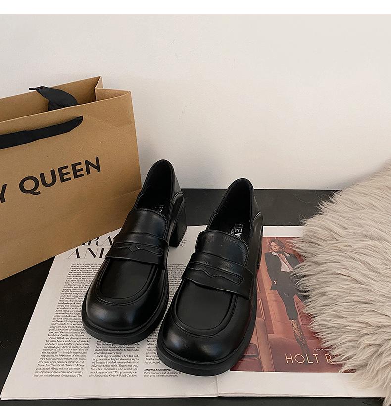 Туфли женские кожаные на толстом высоком каблуке в ретро-британском стиле 2025 года, универсальные черные мокасины на платформе с круглым носком
