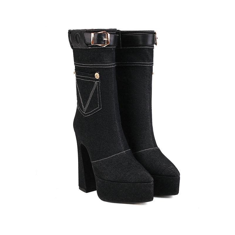 Женские полусапоги, джинсовая обувь, туфли на высоком каблуке, женские сапоги до середины икры