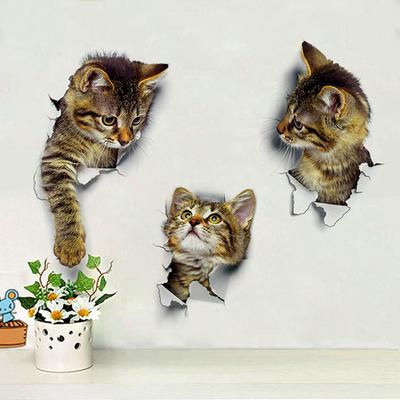 3D Наклейка на стену «Кошки», вид из отверстия, украшение для ванной комнаты, гостиной, домашний декор, виниловые наклейки с животными, художественный постер, милые наклейки для туалета