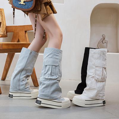 12СМ высота, толстая подошва, парусиновые ботинки, женские, двухслойный, нерегулярный дизайн, рабочие ботинки, присборенные брюки, высокие ботинки, популярная обувь