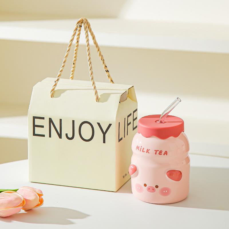 Керамическая чашка-соломинка с крышкой Летняя необходимая чашка для воды Девичья бытовая чашка Чашка для сока Чашка для холодных напитков