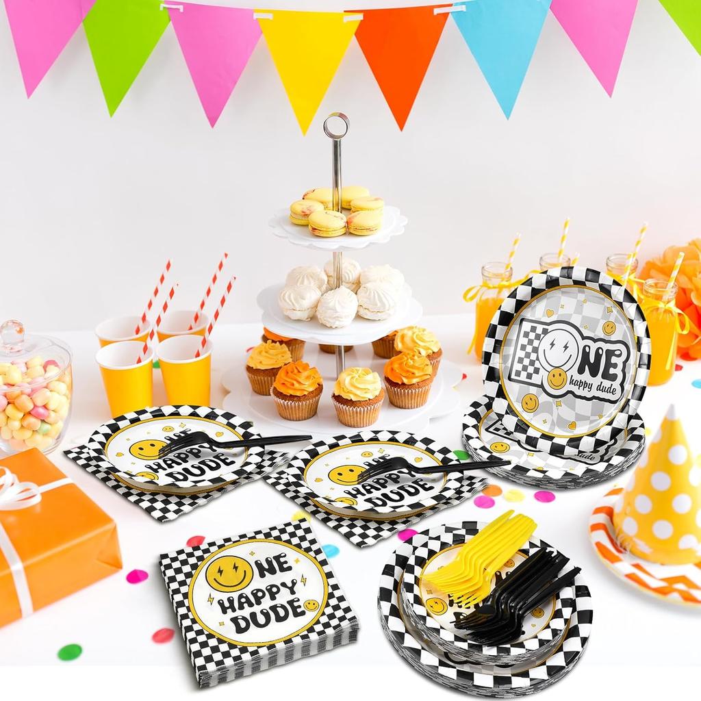 Umigy 96 Pcs One Happy Dude Birthday Party Decorations One Happy Dude Tableware Smile Face Party Supplies for 24 Guests Smile Plates Cups Napkins