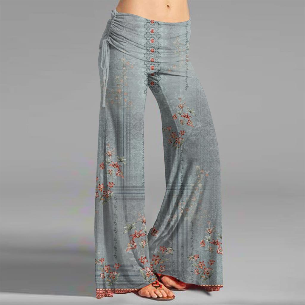 Женские модные повседневные расклешенные брюки с кулиской и винтажным принтом, широкие брюки