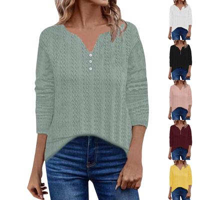 Повседневная женская однотонная футболка с v-образным вырезом и тремя пуговицами, длинными рукавами, топ