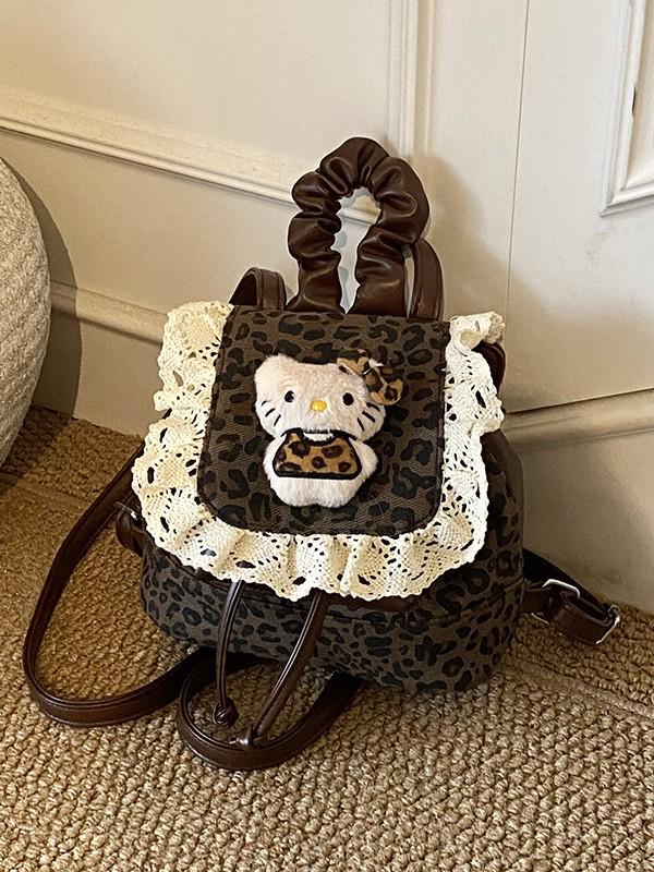Korean Ruffle Lace Retro Leopard Print Girls' Kitten Backpack - Cute and Versatile Cartoon-Style Design