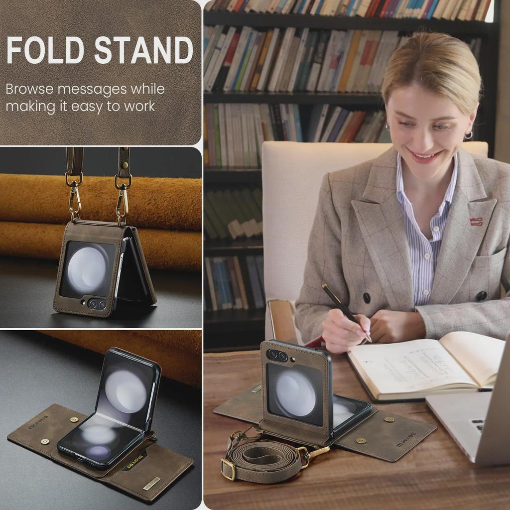Кожаный чехол M2 для Samsung Z Flip5/4: Кошелек и держатель карт с плечевым ремнем