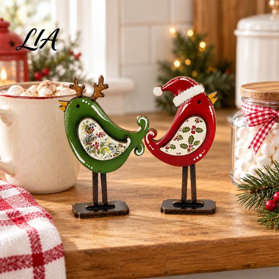 Holiday Desktop Decor Christmas Bird Wooden Figurine with Santa Hat & Scarf, Cute Winter Home Accents Tabletop Decor, Festive Shelf Ornament