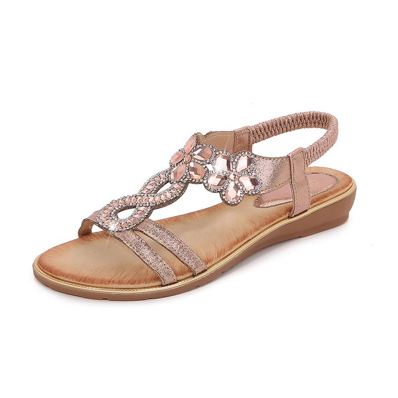 Весна 2024 Новые бохо сандалии с круглым носком на плоской подошве женские сандалии большого размера со стразами