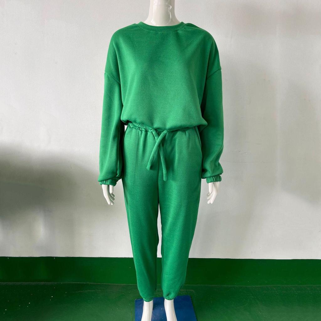 Женский однотонный костюм с длинным рукавом и круглым вырезом, свободный топ, широкие брюки, осень-зима