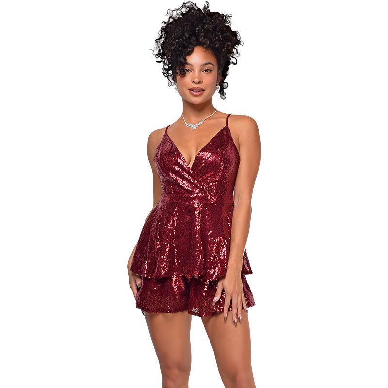 GMXIA Women's Sleeveless Halter Jumpsuit Women's Sequin Halter Spice Jumpsuit Culottes