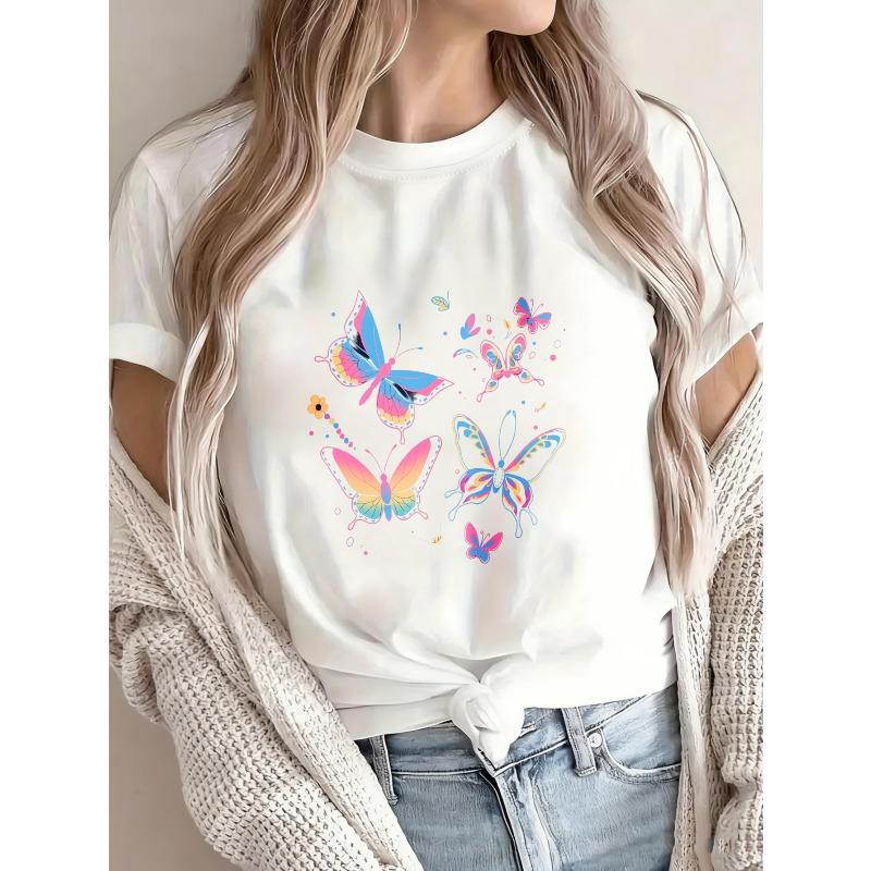 Butterfly Print T Shirt White Colorful Butterflies And Flowers Design Casual Summer Wear
