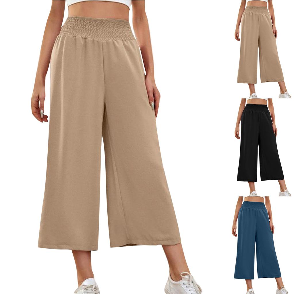 Women's Wide-leg, High-waisted Stretchy Solid Color Casual Loose Cropped Pants
