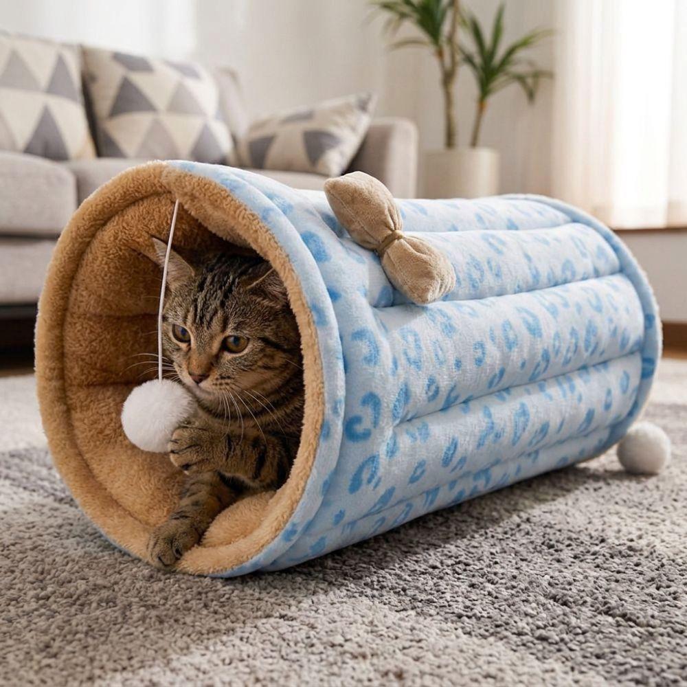 Thickened 2 in 1 Cat Tunnel Bed Folding Cat Hide Tunnel Cushion Winter Warm Cat Bed Daily Use