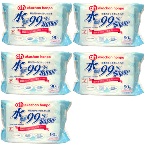 Akachan Honpo Super Baby Wipes for Newborns, 90 Sheets X 5 Packs, Made with Pure Water, Slightly Acidic, and Formulated with Hyaluronic Acid