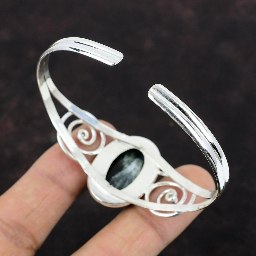 Браслет-манжета с серафинитом, регулируемый браслет, браслет из стерлингового серебра 925 пробы, браслет с драгоценными камнями, ювелирные изделия ручной работы, серебряный браслет-манжета, подарок для мамы