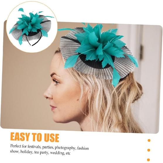 Baluue Decorative Hat for Women with Plume and Mesh Veil, Black and Lake Blue Wedding Tea Party Headpiece, Special Occasion Accessory