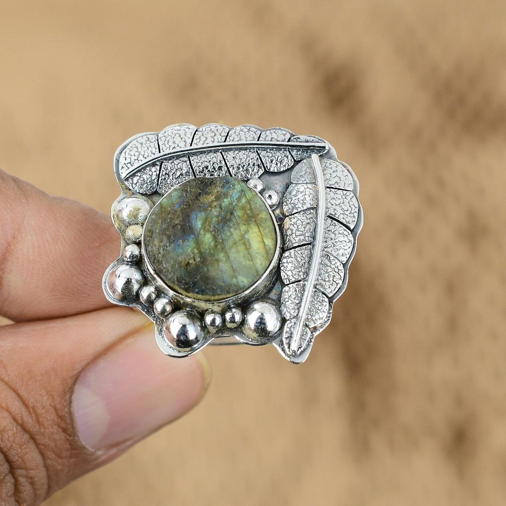 Gift For Her 925 Silver Natural Labradorite Rough Multi Stone Adjustable Ring