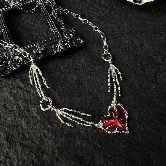 Женское ожерелье с красными стразами в форме сердца, подвеска в форме скелета в стиле панк, темный стиль, индивидуальный, с выемкой