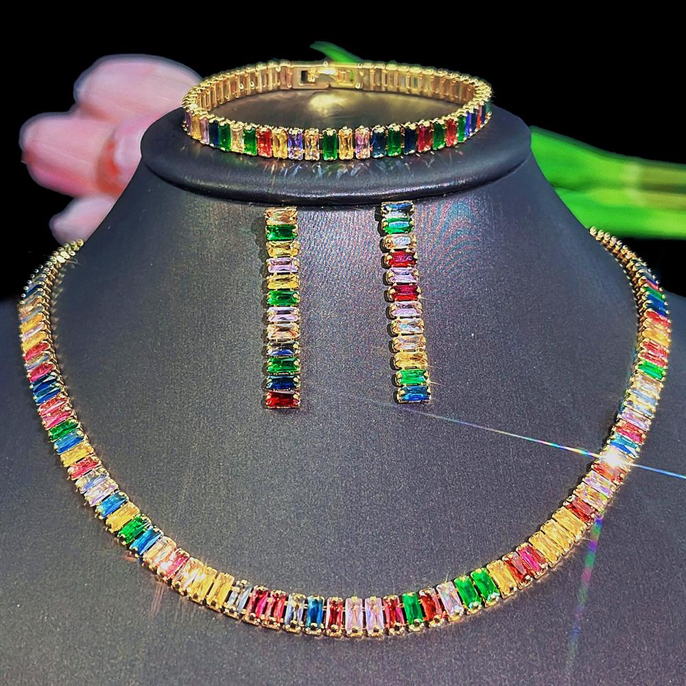 CMM 3 шт. топ блестящие многоцветные CZ индийские круглые колье-колье серьги браслет комплект ювелирных изделий выпускной банкетный костюм платье аксессуары