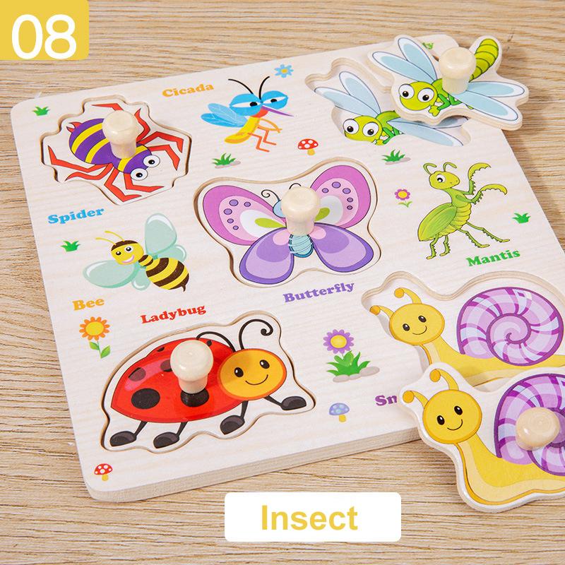 Montessori Wooden Puzzles Cartoon Animal Fruit Hand Grab Board Cognition Jigsaw Puzzle Game Learning Educational Toys For Kids