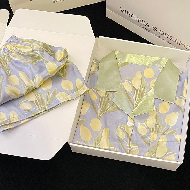 Peony Print Sweet Classic Short Women's Pajamas Simulated Silk Female House Clothing Summer Cool Casual Sleepwear