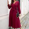 Cross V-neck Lantern Long Sleeve Waist Strap A-Line Autumn Dress Simple Pure Color