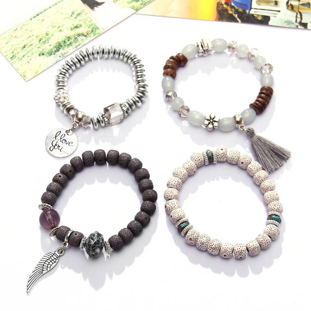 4Pcs/Set Bohemia Style Wing Beads Bracelet Women Bangle Jewelry Party Gift