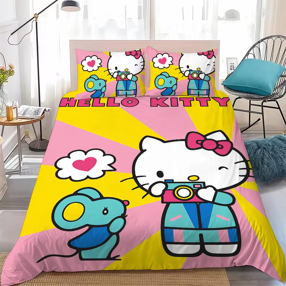 H-HelloS Cute K-KittyS Duvet Cover Set Home Style Bedding Soft Laundry Cotton Bed 3 Piece Set Student Dormitory Gift