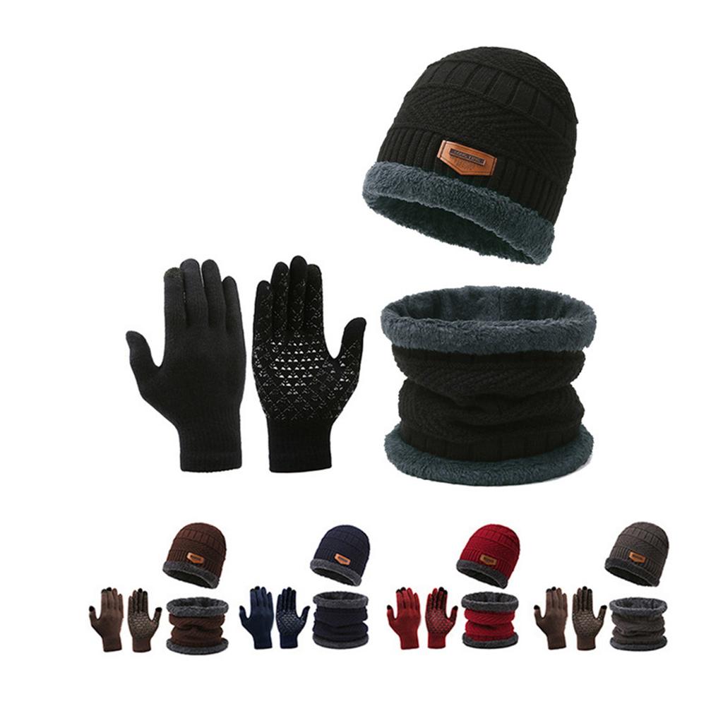 Three-piece Knitted Hat, Winter Warm Hat, Non-slip Screen Gloves, Plus Velvet And Thick Wool Scarf Hat