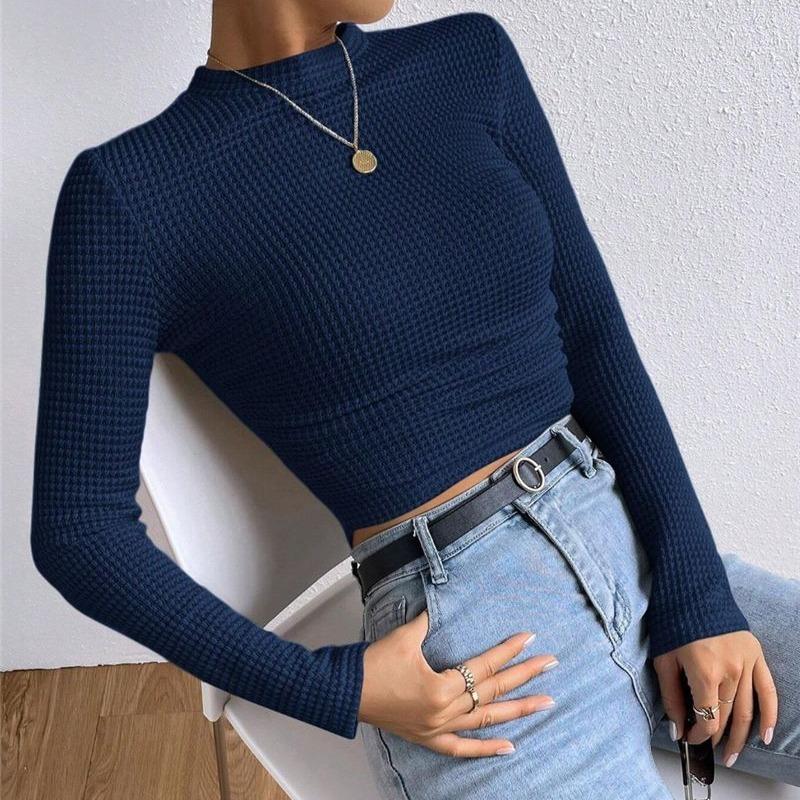 Модная тонкая футболка с круглым вырезом и длинным рукавом, элегантная однотонная трикотажная повседневная футболка для женщин, простая базовая женская укороченная футболка-пуловер 26148