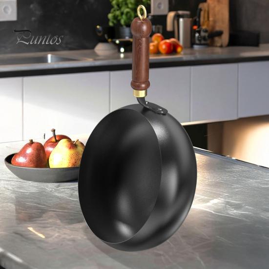Традиционная чугунная сковорода вок с крышкой и лопаткой, 24 см, посуда из чистого железа с физическим антипригарным покрытием, китайская сковорода без покрытия для