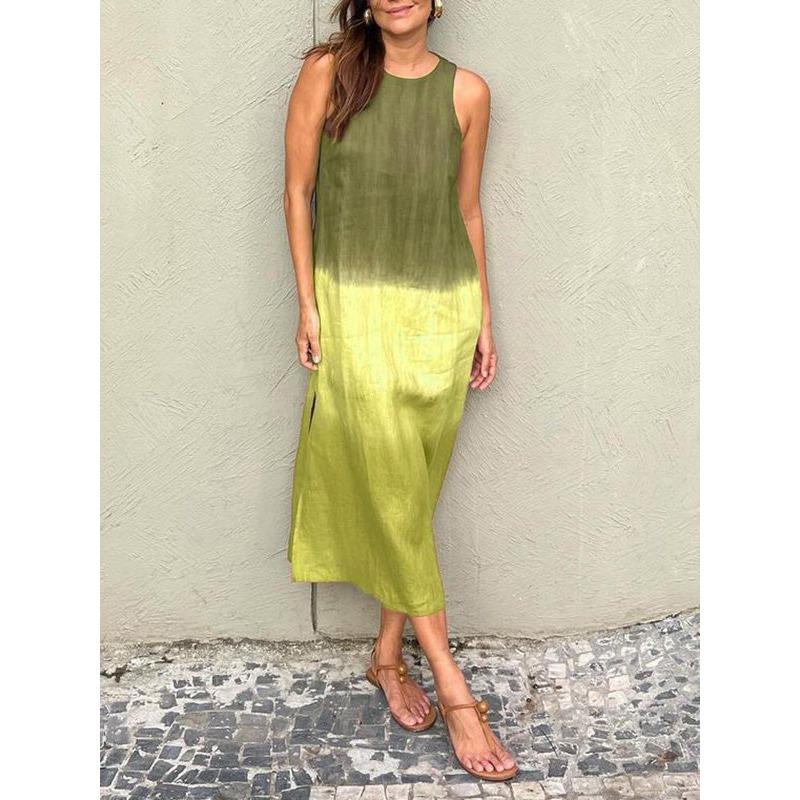 Женское летнее повседневное платье из хлопка и льна без рукавов с разрезом и градиентом