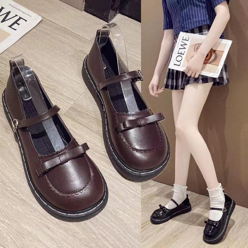 Женские корейские кожаные туфли на плоской подошве с круглым носком для JK Lolita повседневной носки