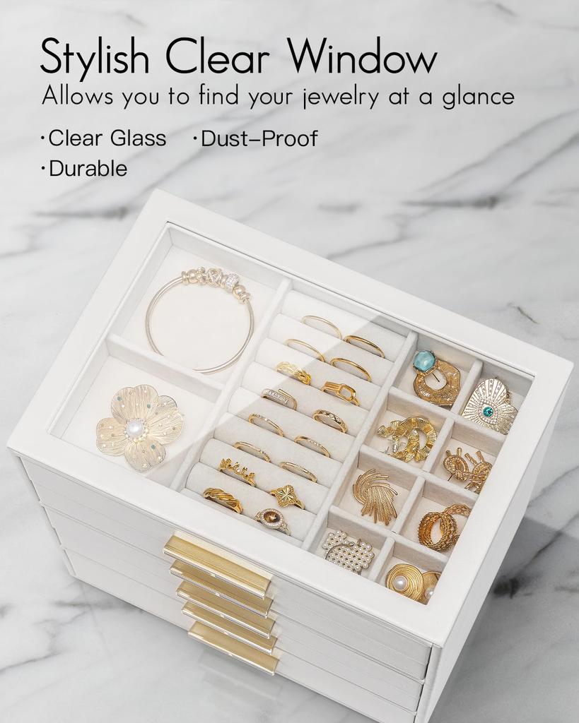 Vlando Стеклянная крышка 5-ящичковый шкатулка для украшений для женщин, Органайзер для ожерелий, колец, сережек, браслетов и аксессуаров (белый)