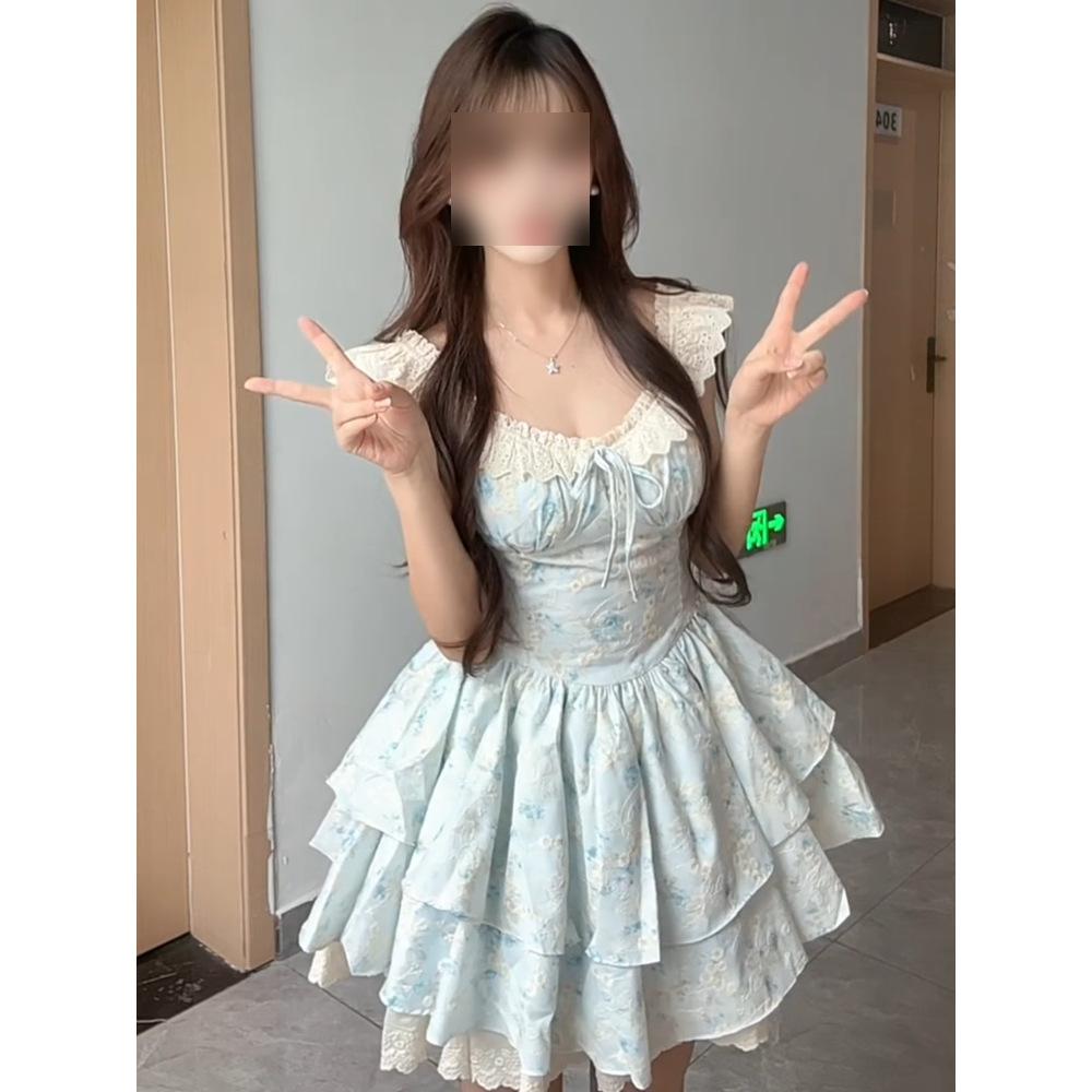 Sweet Little Flying Sleeve Floral Dress Children Summer Sweet Sister First Love Princess Puffy Skirt Waist Small Short Skirt