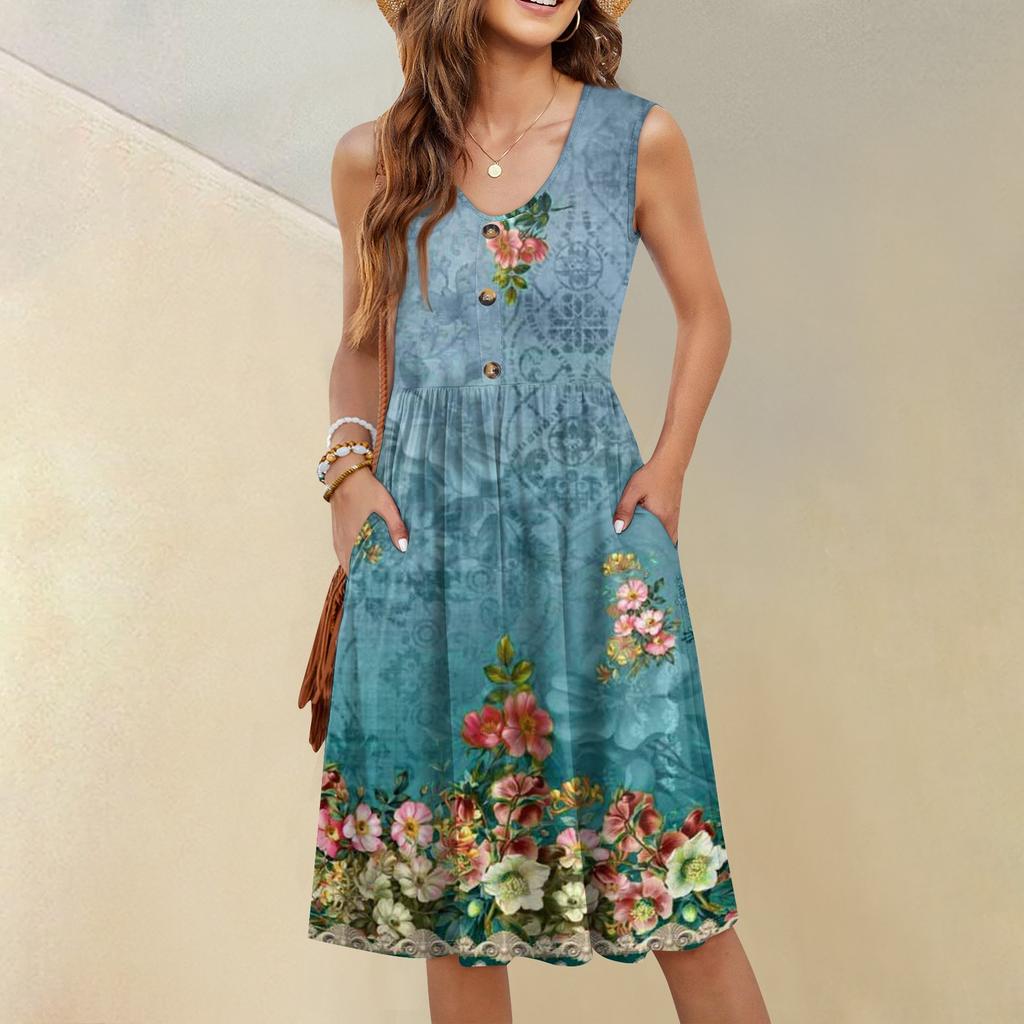 Женское повседневное модное сексуальное платье с v-образным вырезом и пуговицами без рукавов с цветочным принтом