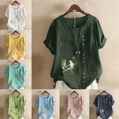 Женская модная футболка с круглым вырезом и коротким рукавом, повседневная рубашка из хлопка и льна с рисунком, свободная летняя блузка с принтом лягушки, топы