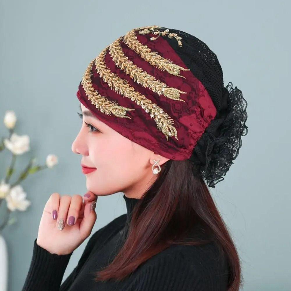 Head Scarf Lace Turban Hats Rhinestone Islamic Under Scarf Solid Color Summer Thin Headscarf  Girls