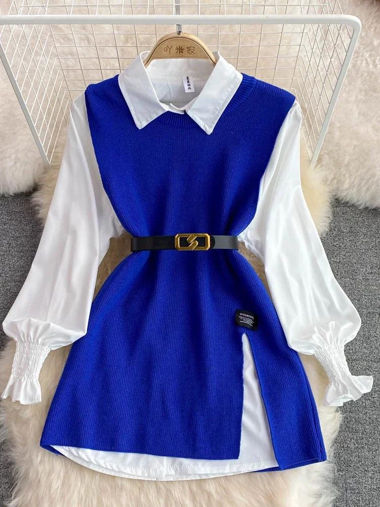 Новая Мода Корейский Офис Леди Лацкан Рукава-фонарики Белая Рубашка + Трикотажный Жилет с V-образным вырезом Повседневный Костюм-двойка Женская Одежда