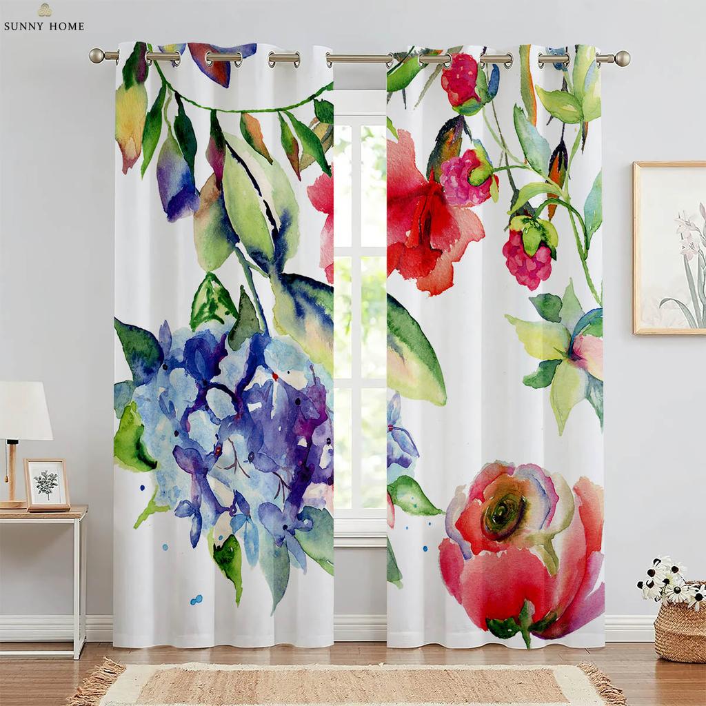 Шторы с акварельным цветочным принтом в пасторальном стиле из полиэфирного волокна, пригодные для машинной стирки, для спальни, гостиной, декоративные шторы, 2 шт.