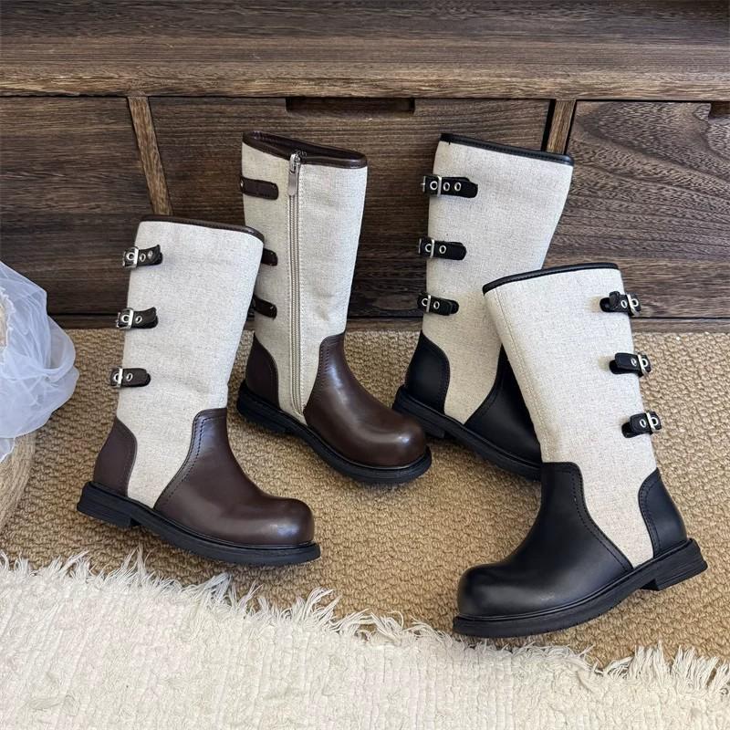 Youth style shoes Girls Western Style Mid-Calf Boots With Buckle Detail PU Leather Slip-On Fashion Winter