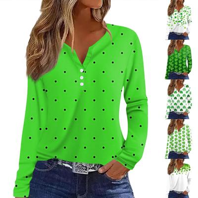 Женская модная повседневная футболка с v-образным вырезом и длинным рукавом с принтом, топ на пуговицах
