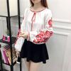 Summer Shirt Women Ethnic Style Embroidered Pattern Pullover Tops Round Neck Lantern Sleeve Loose Fit Blouse