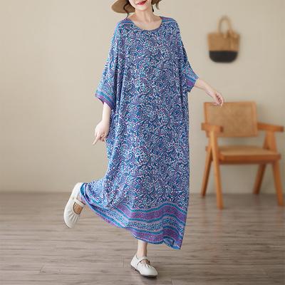 2025 Лето Плюс Размер Платье Базовое Женское Повседневное Длинное Винтажное Новое Оверсайз Свободное Платье Макси 9052