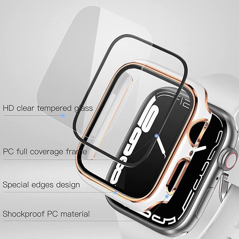 Закаленное стекло 2 в 1 + чехол для Apple Watch Series 7, 41 мм, 45 мм, iWatch Series SE 6, 5, 4, 3, 2, 1, 38 мм, 40 мм, 42 мм, 44 мм, рамка с полным бампером, аксессуары для часов