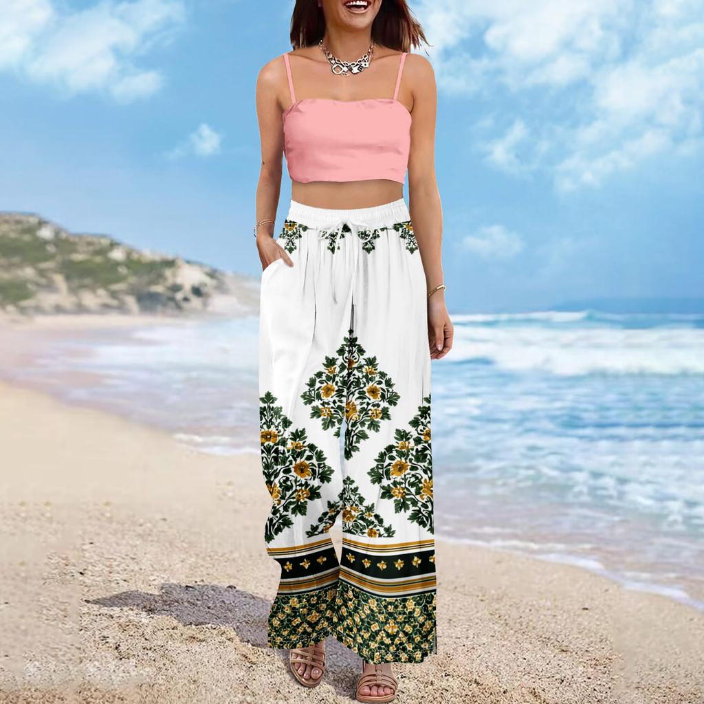 Женские летние брюки-палаццо в стиле бохо с высокой талией, широкие повседневные брюки с цветочным принтом и карманами