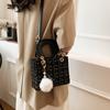Ladies Fashion Simple Shoulder Bag Girls Cute Small Pom Pendant Handbag Small Square Bag New High Casual Crossbody Tweed Plaid