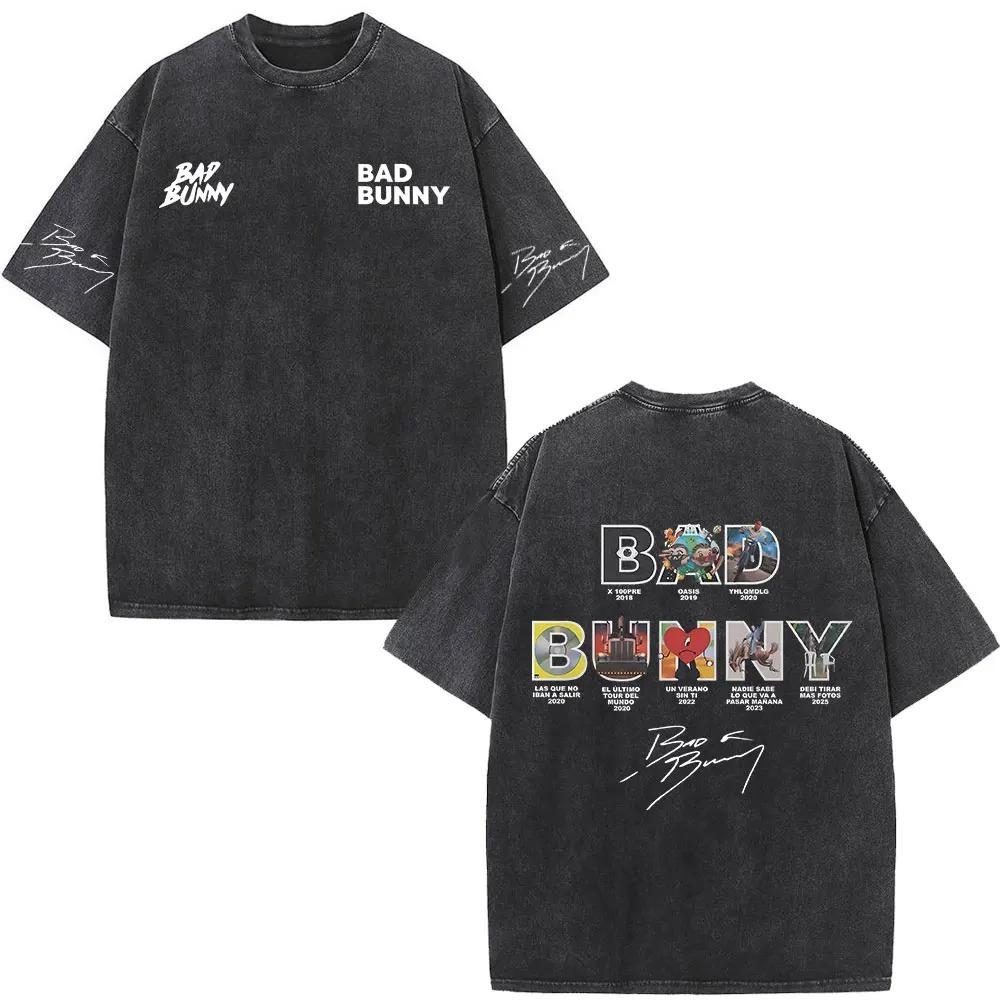 Bad Bunny "DeBí TiRAR Más FOTOS" Текст песни и Винтажная стираная черная оверсайз футболка с изображением тропического острова | Унисекс уличная футболка для фанатов латинской музыки