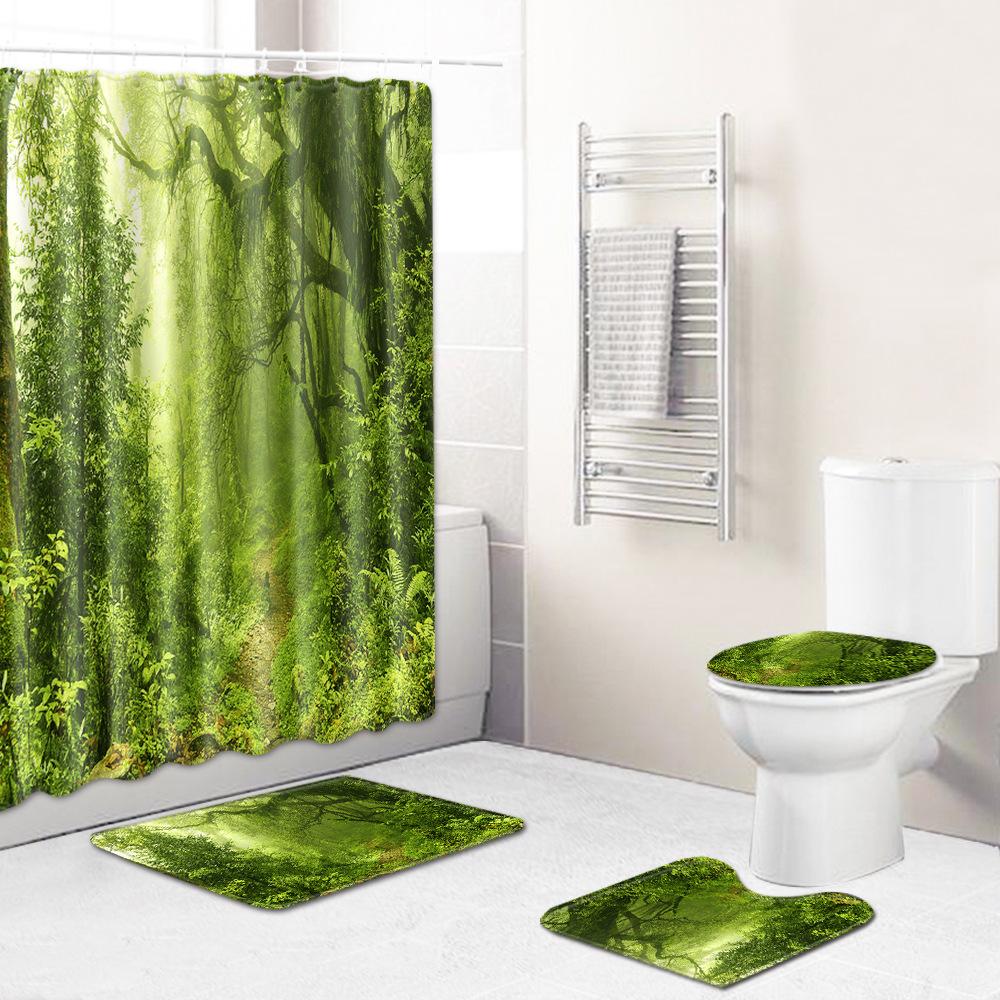 Home Waterproof Print Shower Curtain 4 Piece Carpet Cover Toilet Cover Bath Mat Pad Set Bathroom Curtain Bathroom Decoration